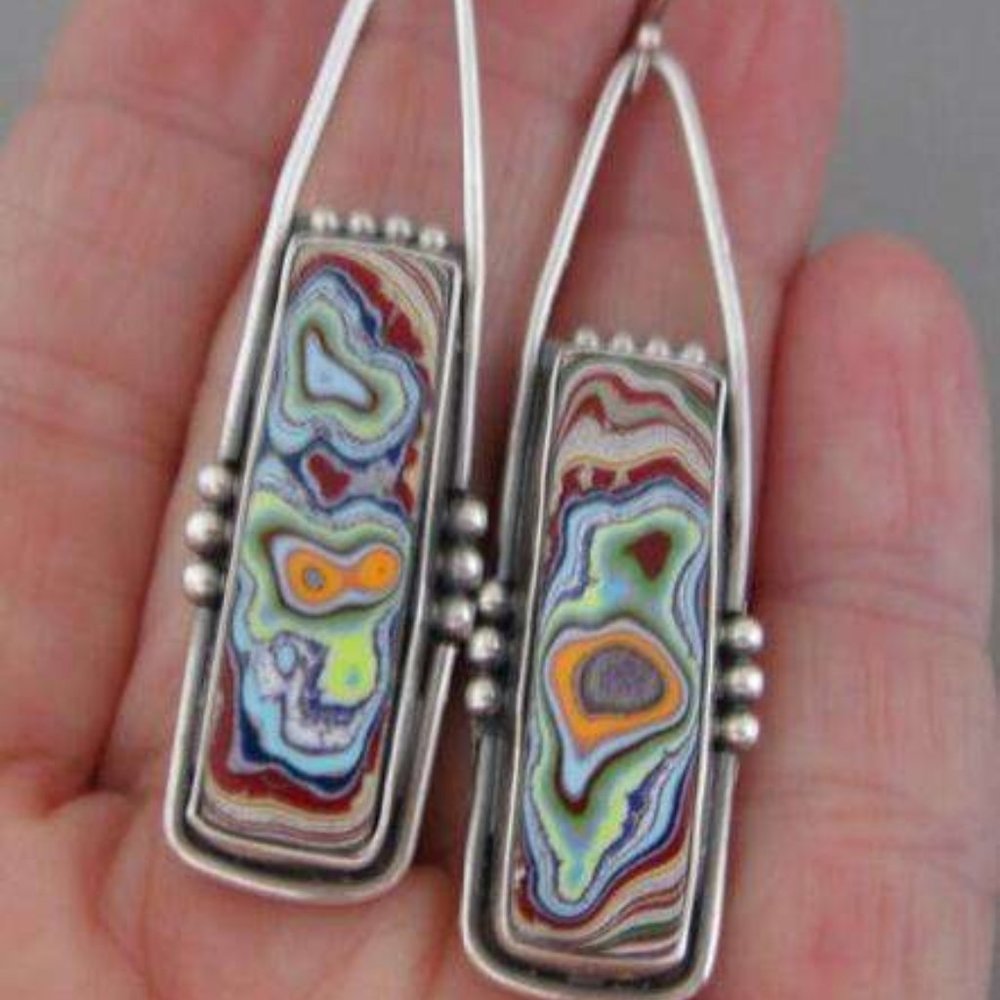 Multicolor Fordite Dangle Earrings in Silver-Tone Setting